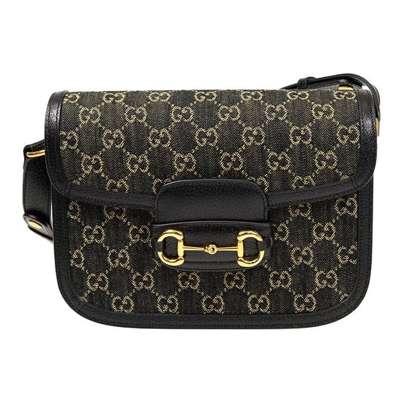 GUCCI Horsebit 1955Denim Denim Portable Crossbody Bag, Shoulder Bag Black Shopping Bag Set(Basic Set+Shopping Bag)