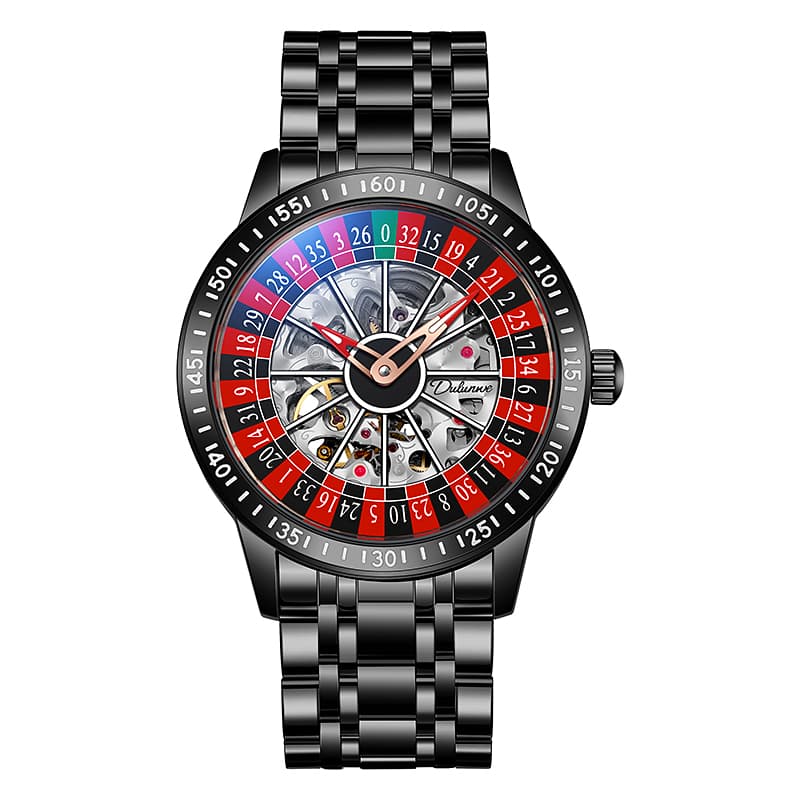 Dulunwe Automatic Mechanical Movement Stainless Steel Watchband Watch Skeleton Dial Black Case Steel Band