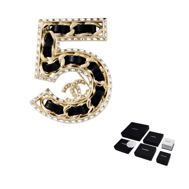 Chanel 2023 Cc Gold Plated Lambskin Woven Chain Number 5 Brooch costume brooch
