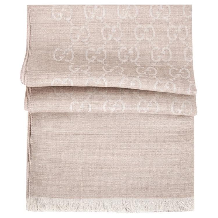 GUCCI GG Jacquard Pattern TwoTone Wool Silk Scarf Beige