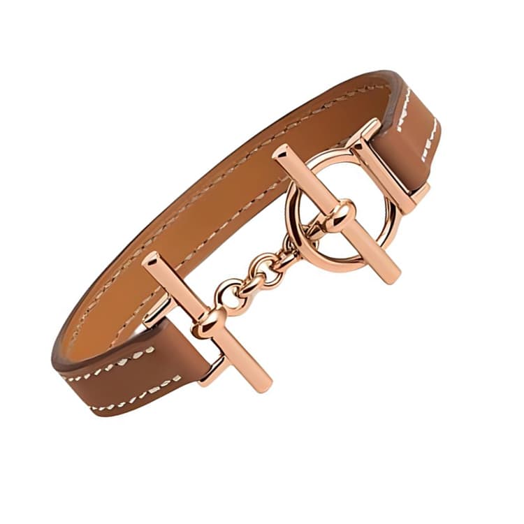 HERMES Croisiere Calfskin, Metal, Rose Gold Plated Wristbands Brown