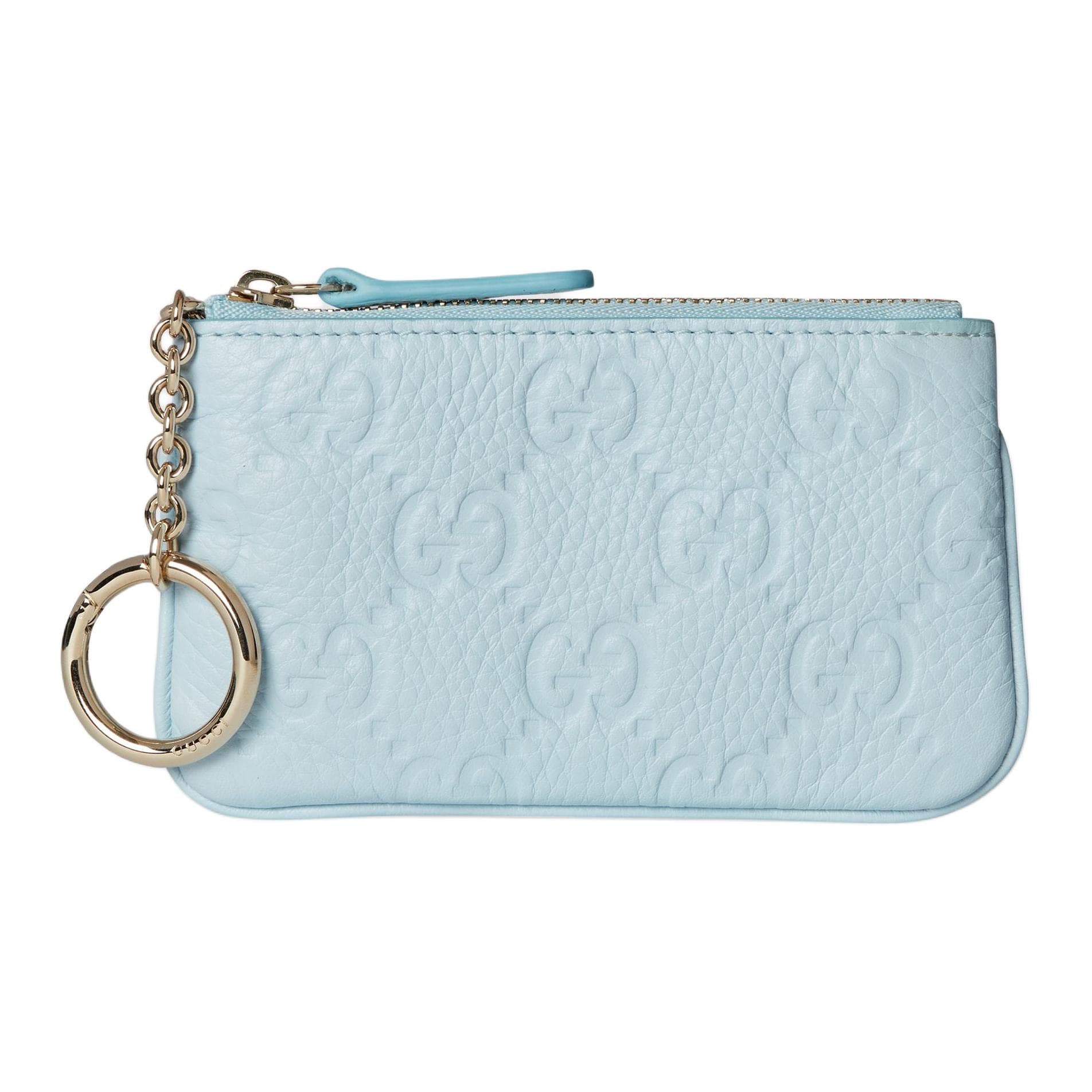 GUCCI GG Emblem Grain Key Pouch Light Blue Gift Set(Basic Set+Box+Shopping Bag)
