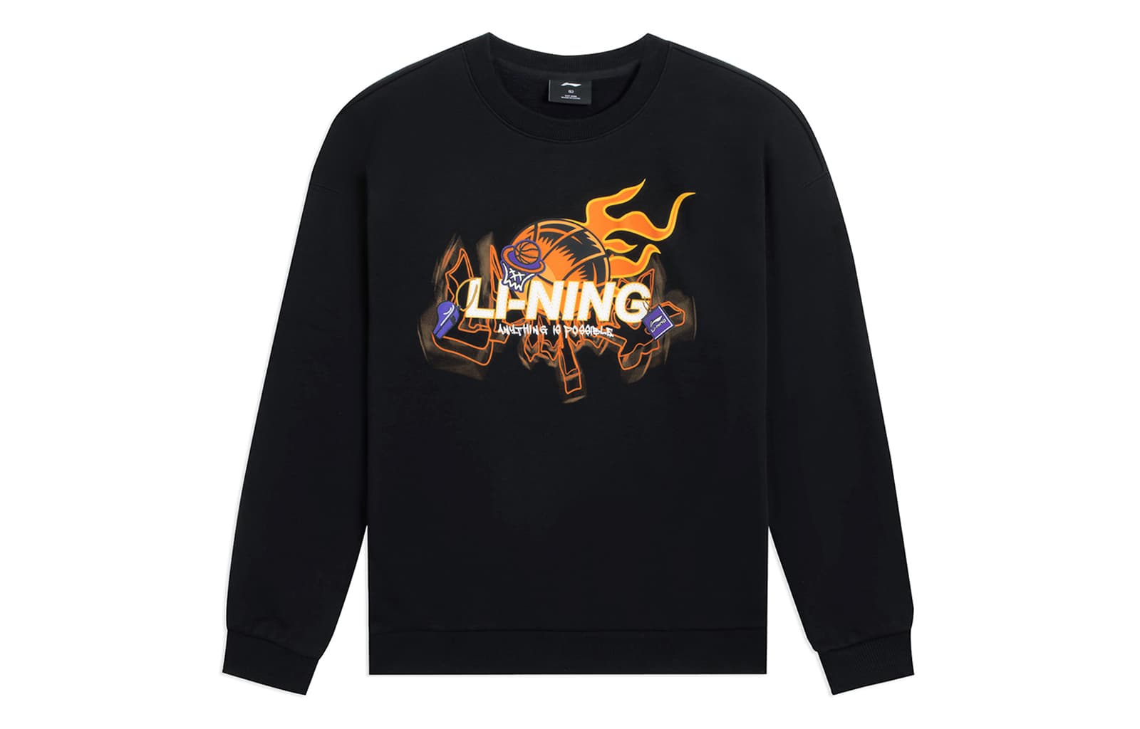 Li Ning Collection Cartoon Comic Pattern Fleece Lined Print Long Sleeved Sweatshirt Black Black