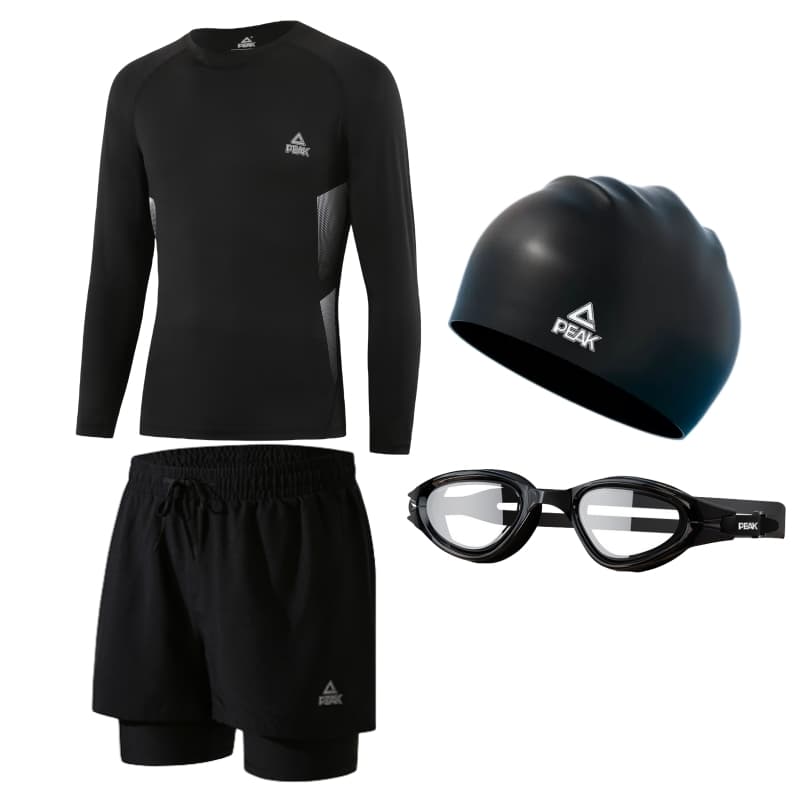 PEAK Swimsuit Sets Thin Black LongSleeved Swimwear+Black Swimming Shorts+Swim Goggles+Swimming Cap
