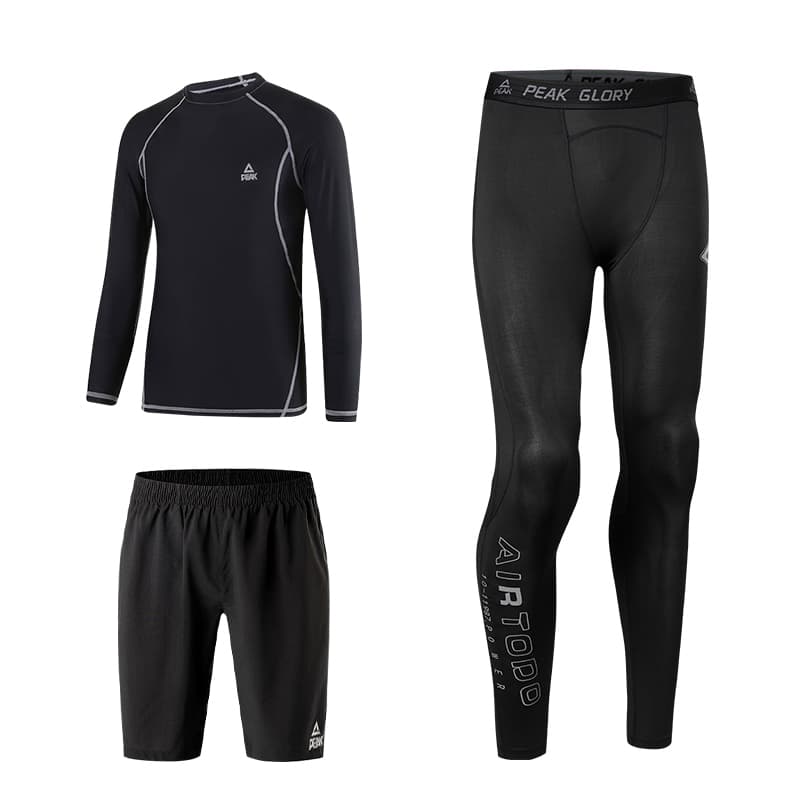 PEAK Fitness Sets Crew Neck Thin ThreePiece Set (Black LongSleeved Shirt+Black Pants+Shorts)
