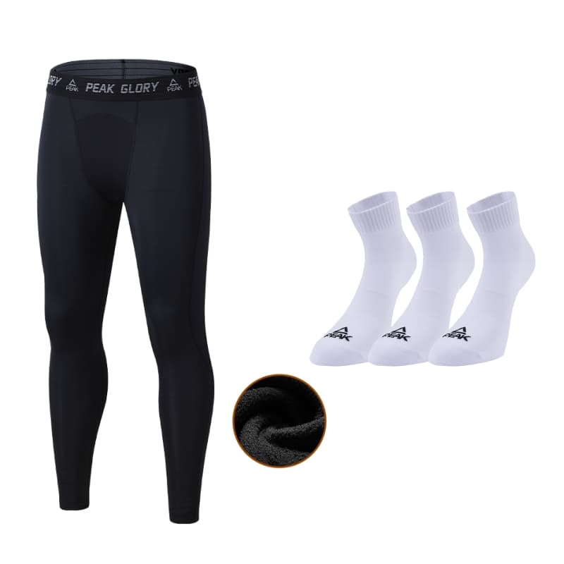 PEAK Light Bomb Pro Fleece Lined Thermal Breathable Sports Fitness Set Black FleeceLined Pants+White Sports 3 Pack