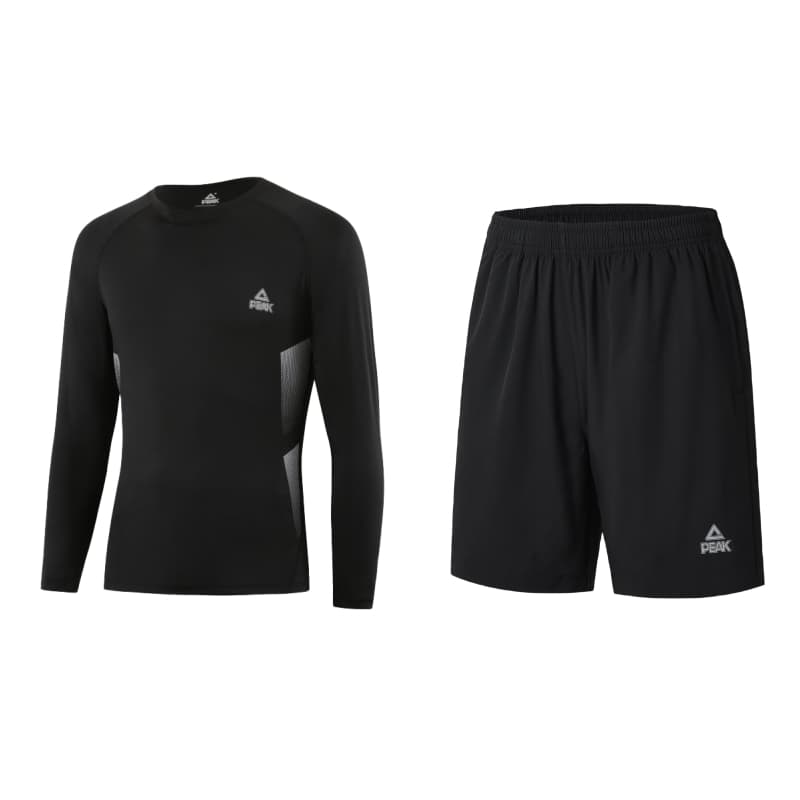 PEAK Fitness Sets Crew Neck Thin Set (Black LongSleeved Shirt+Black Shorts)
