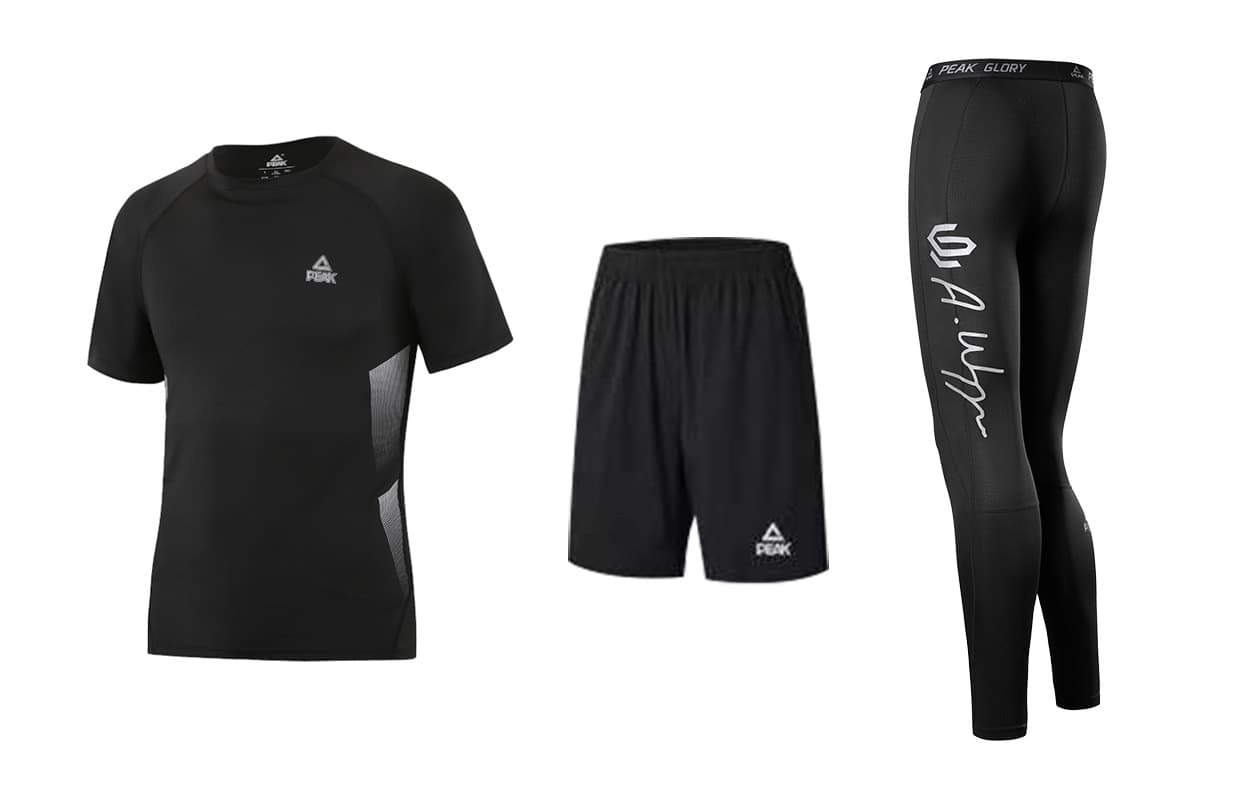 PEAK Fitness Set Three Piece Set ThreePiece Set (Black ShortSleeved Shirt+Tight Pants+Sports Shorts)