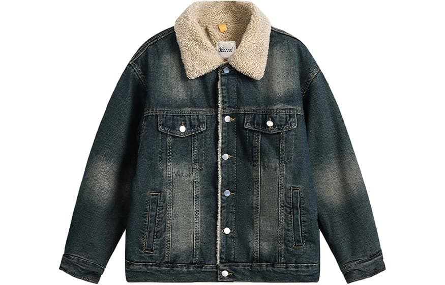 NANDCHN Denim Jackets Lapel Thickened Fleece Lined Other Dark Blue