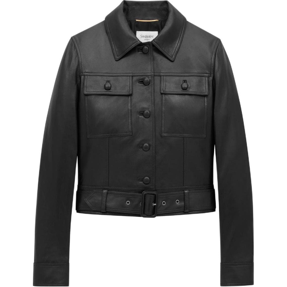 SAINT LAURENT Button Up Belted Cropped Jacket Black