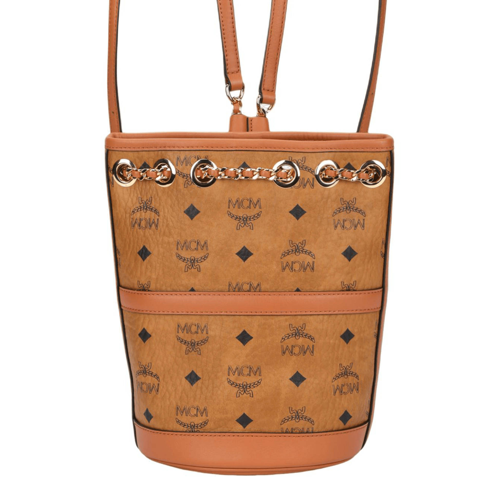 MCM Aren Calfskin Trim Bucket Bag, Backpack Mini Brown Basic Set (Bag+Dust Bag)