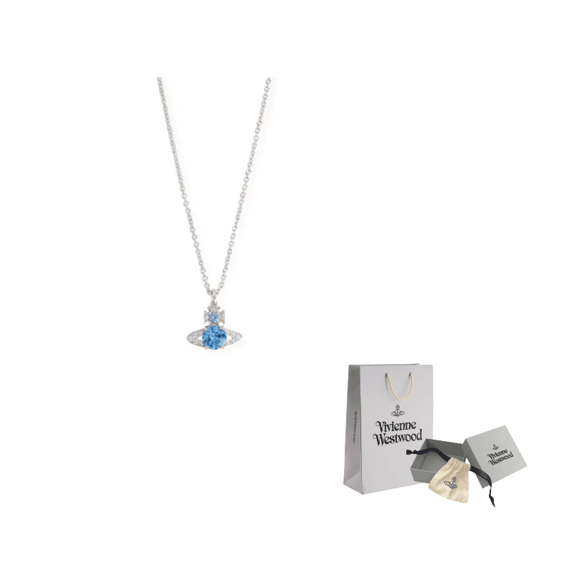 Vivienne Westwood Brass Saturn Styling Sparkling Rhinestone Necklace Silver/Sea Blue Silver