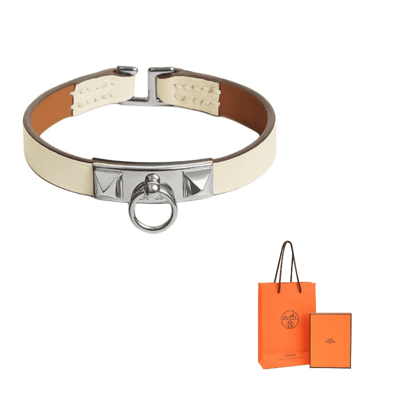 HERMES Rivale Calfskin, Palladium Plated Wristbands Beige Beige