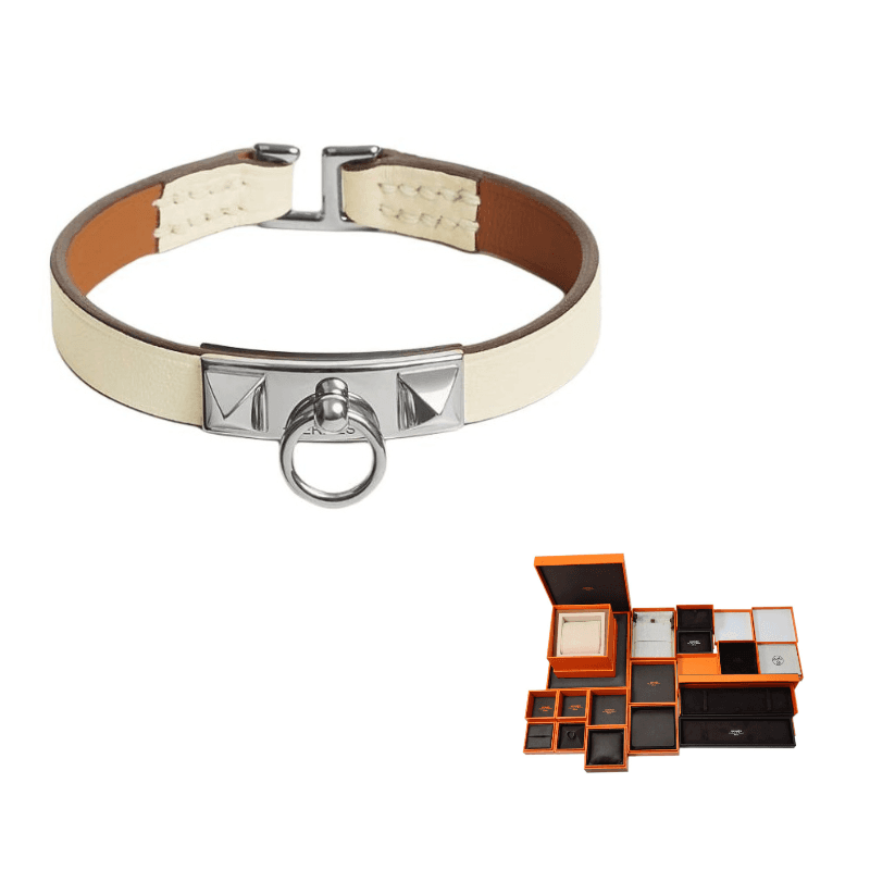HERMES Rivale Calfskin, Palladium Plated Wristbands Beige Beige