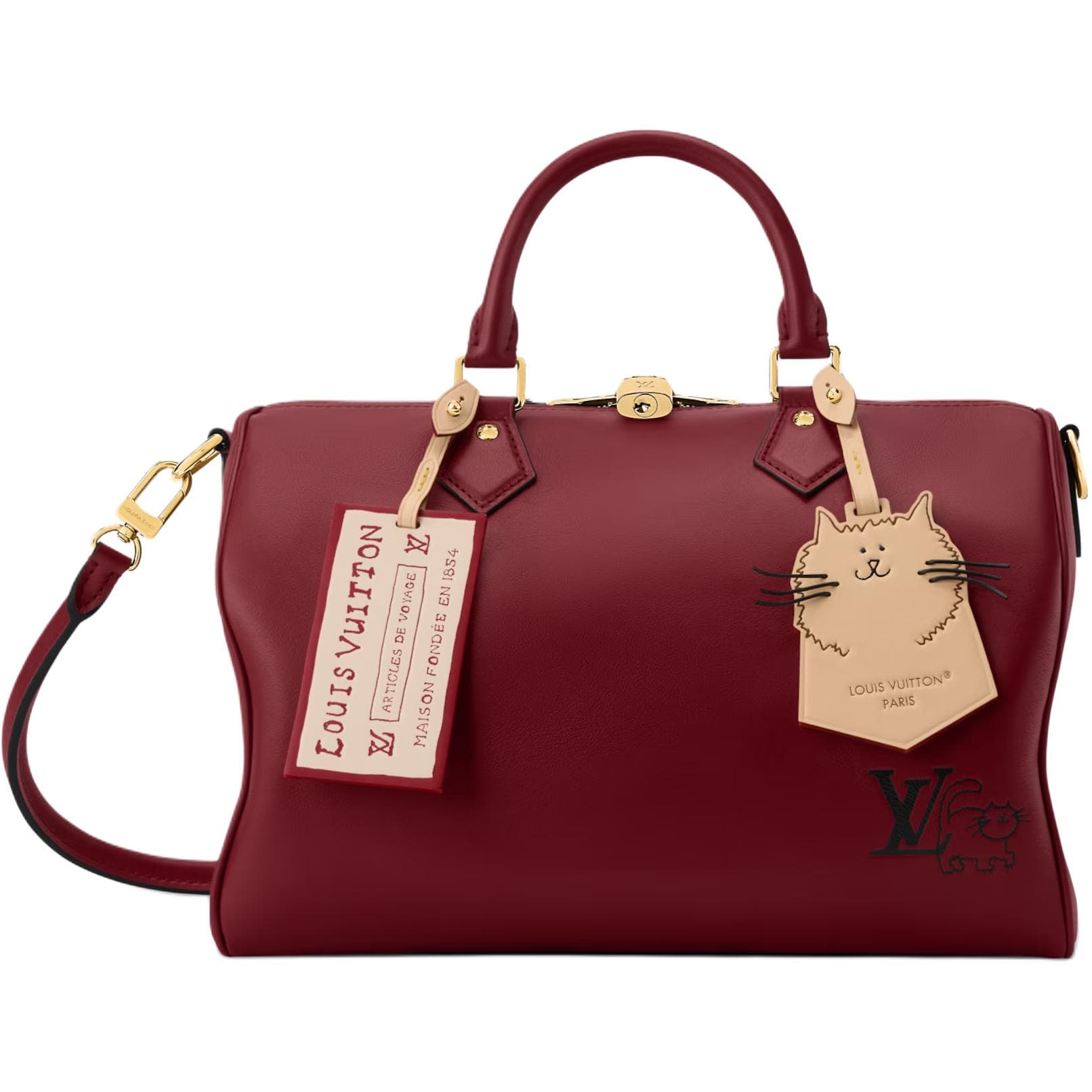 LOUIS VUITTON Grace Coddington Collaboration Catogram Kitten SPEEDY SOFT Cow Travel Bag Burgundy Basic Set (Bag+Dust Bag)