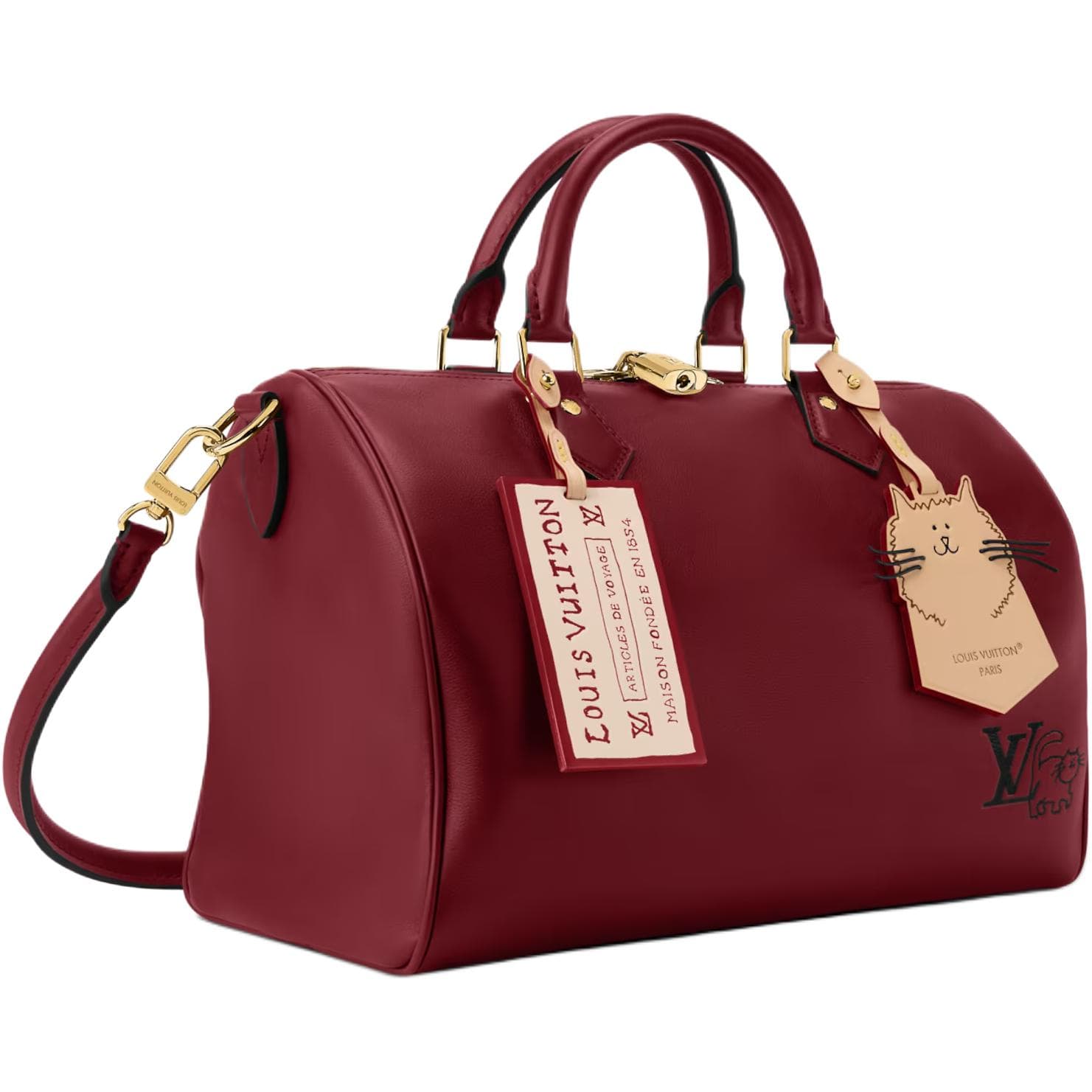 LOUIS VUITTON Grace Coddington Collaboration Catogram Kitten SPEEDY SOFT Cow Travel Bag Burgundy