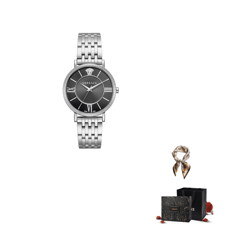 VERSACE Wrist Watch Quartz Movement Stainless Steel Strap 45 Black Dial Limited Fortune Box+Silk Scarf