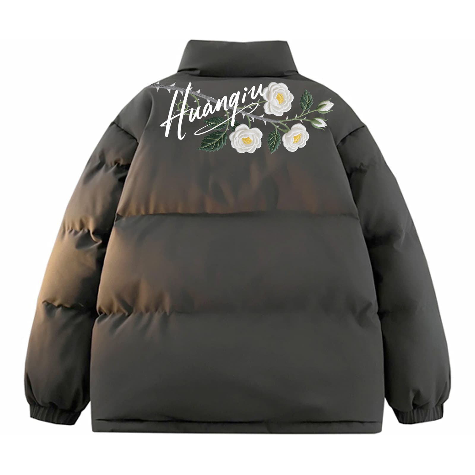 HUANQIU Puffer Jackets Stand Collar Thickened Padded Puffer Jacket Dark Gray