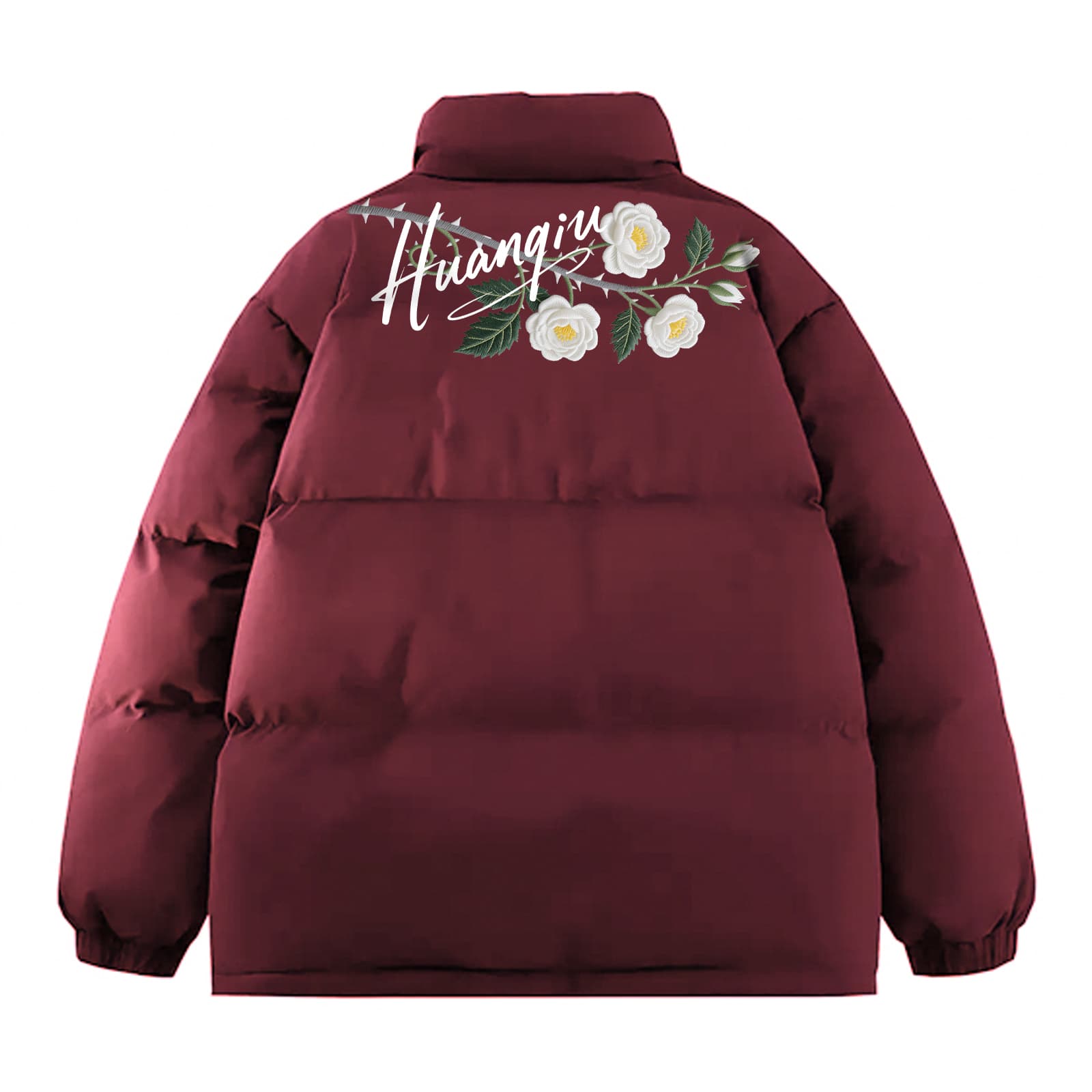 HUANQIU Puffer Jackets Stand Collar Thickened Padded Puffer Jacket Maroon