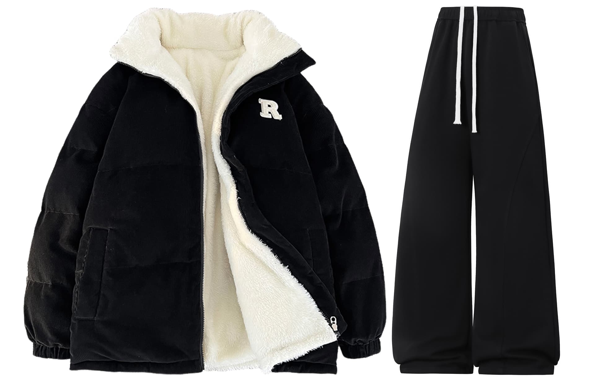 WARRIOR Suits Stand Collar Thickened Fleece Lined Black+Black