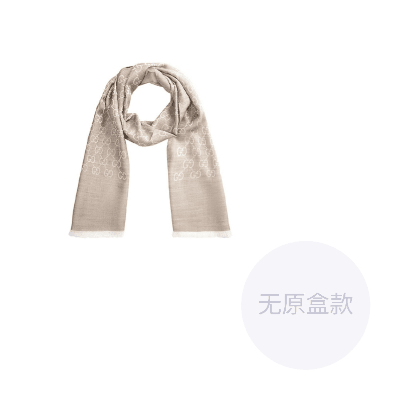 GUCCI GG Jacquard Pattern TwoTone Wool Silk Scarf Beige
