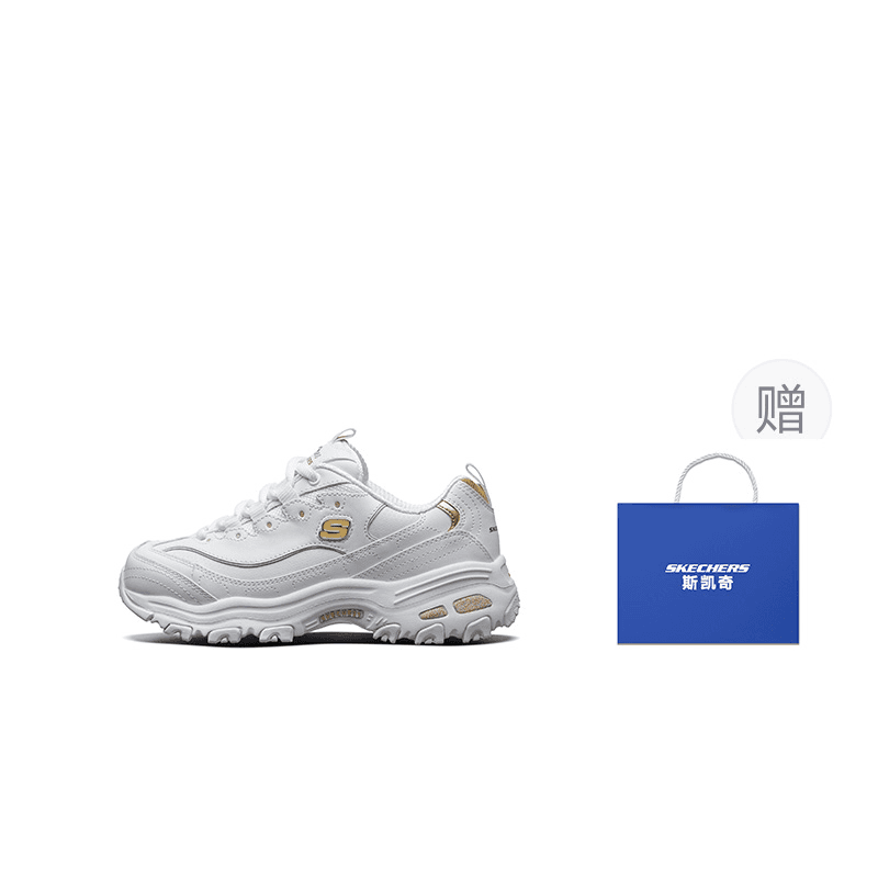 Skechers D'Lites 1.0 Small White Bear With Gold Logo Breathable Height Increasing Chunky