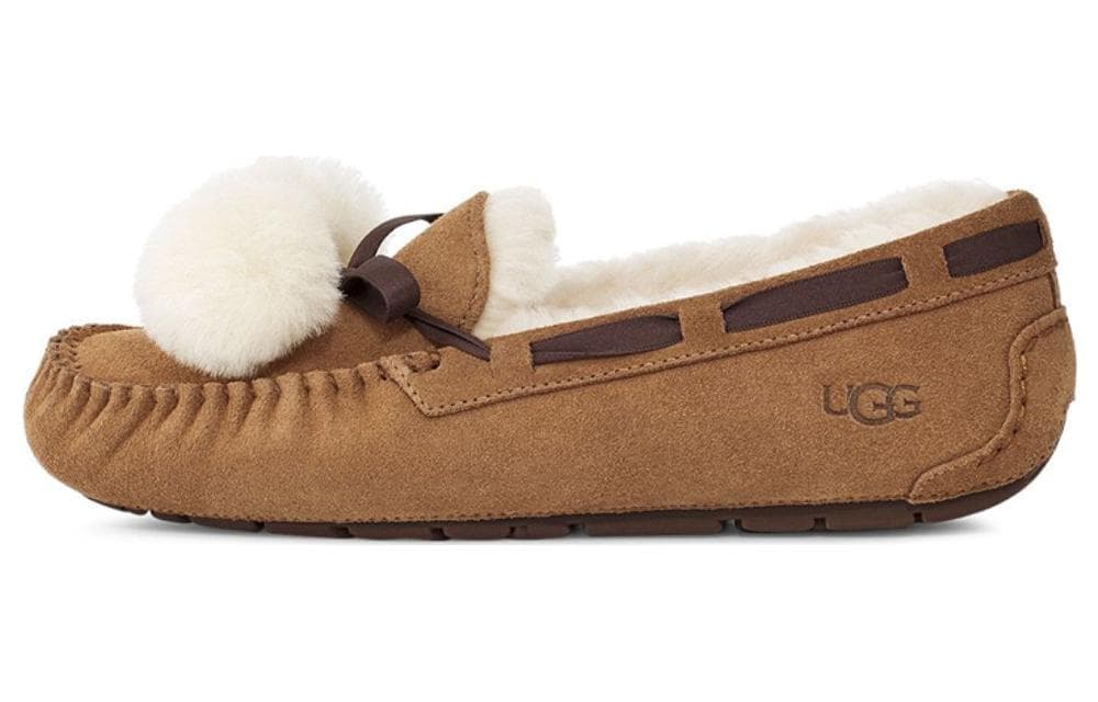 UGG Winter FleeceLined Pompom Bowknot Style Flat Chestnut Brown