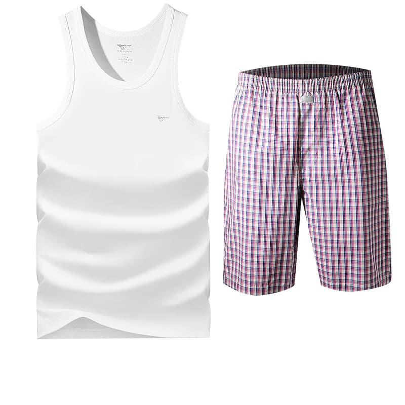 SEPTWOLVES Pajama Sets Tank Clothing Sets (Light Gray Plaid KneeLength Pants+White Tank Top) 100% cotton MoistureWicking Breathable