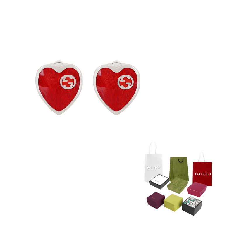 GUCCI Double G 925 Sterling Silver Stud Earrings Red