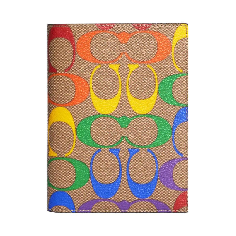 COACH Passport Case Coated Canvas Wallet, Card Holder, Passport Holder Mini Brown With Rainbow Brown
