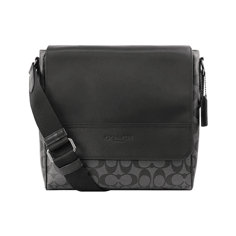 COACH Houston Coated Canvas With Cow Messenger Bag, Crossbody Bag, Shoulder Bag Medium Black Basic Set (Bag+Dust Bag)
