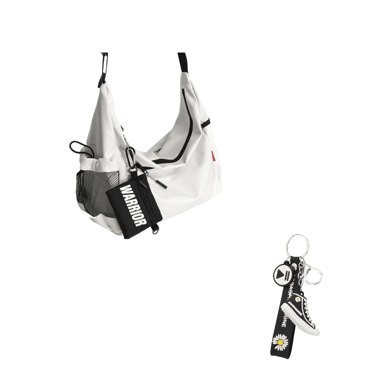 WARRIOR Nylon Fabric Crossbody Bag, Shoulder Bag Large White/Black White