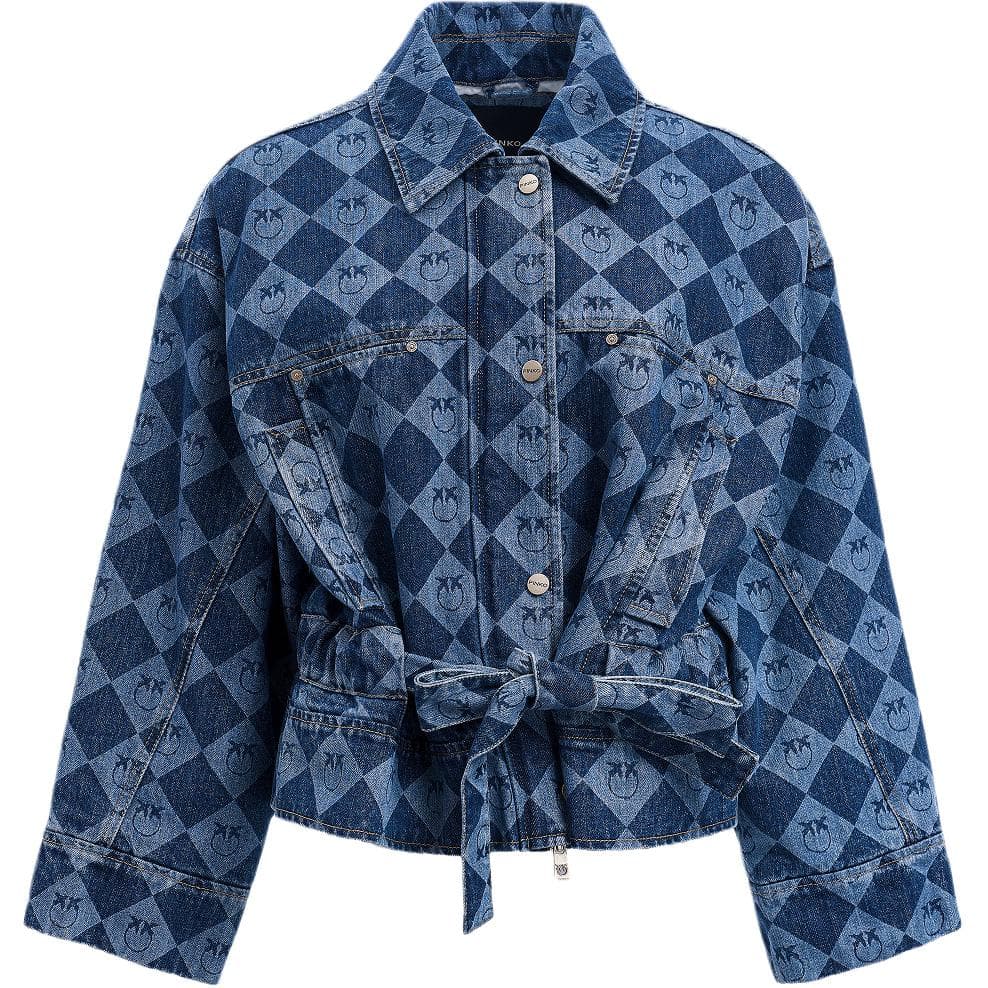 PINKO Denim Jackets Blue Plaid Lapel Thin Nippedin Waist