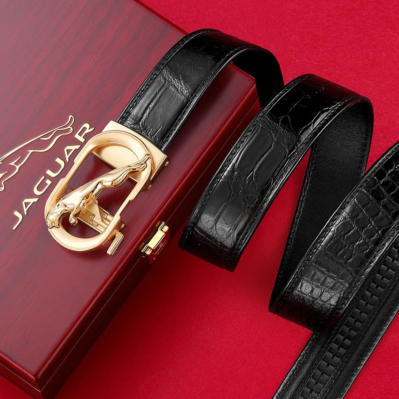 JAGUAR Premium Business Genuine Automatic Buckle Crocodile Gold Width 3.5cm
