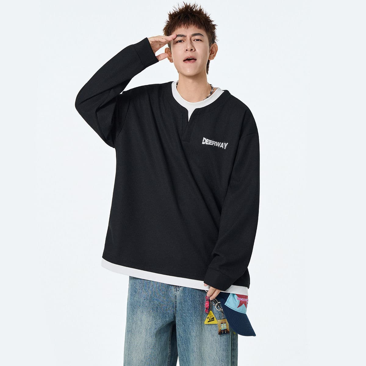 DEERWAY Sweatshirts Henry Collar Moderate Mock Two Piece