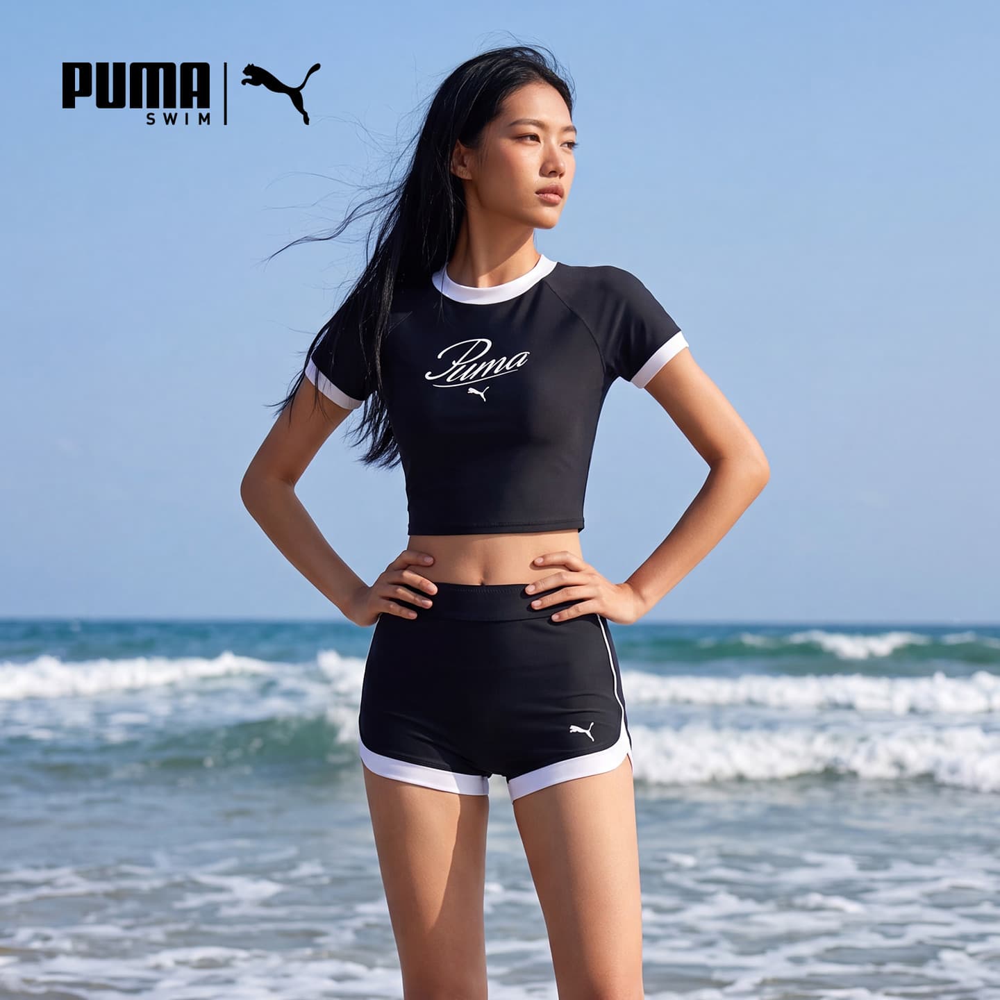PUMA TwoPiece Crew Neck Thin SquareLeg TwoPiece Swimsuit