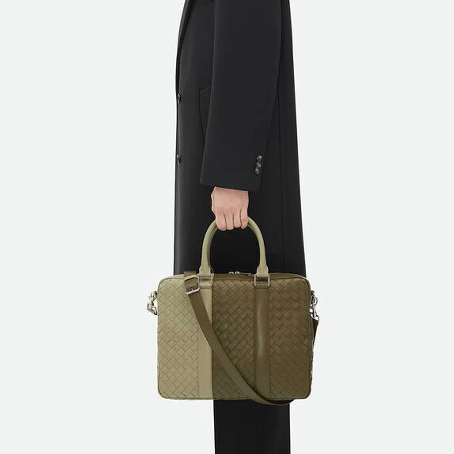 Bottega Veneta Calfskin Portable Briefcase Large Travertine/Moss Green