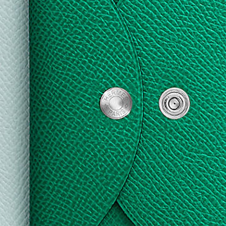 HERMES Calvi Duo Silver Tone Buckle Epsom Card Holder Green/Light Blue