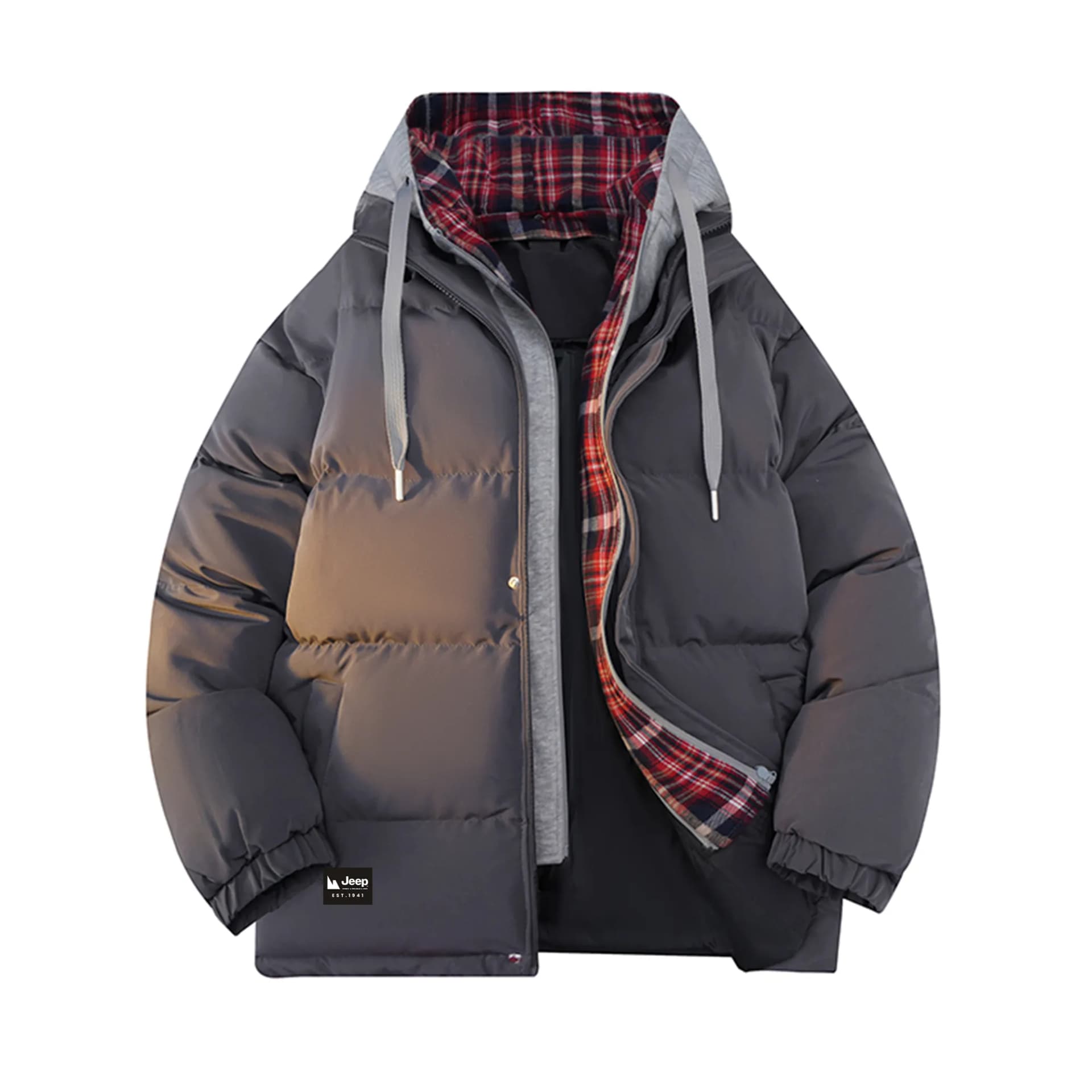 Jeep Puffer Jackets Dark Gray (Gray Plaid Hat Detachable)