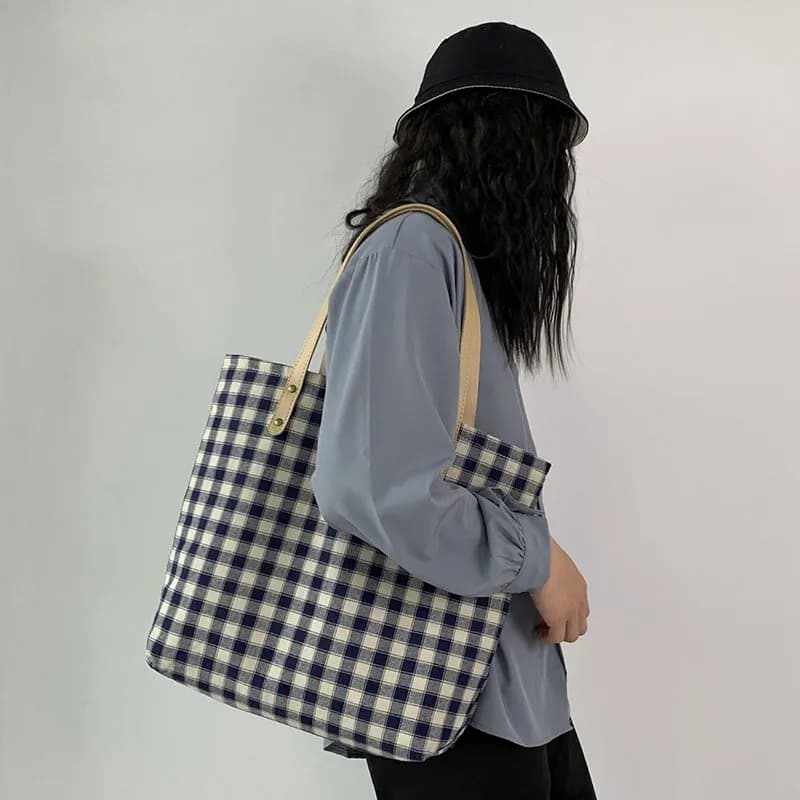 PINK·LAND Canvas Tote Bag, Shopping Bag, Canvas Bag, Shoulder Bag Light Blue Plaid Sub Bag/Dark Blue Plaid Bag