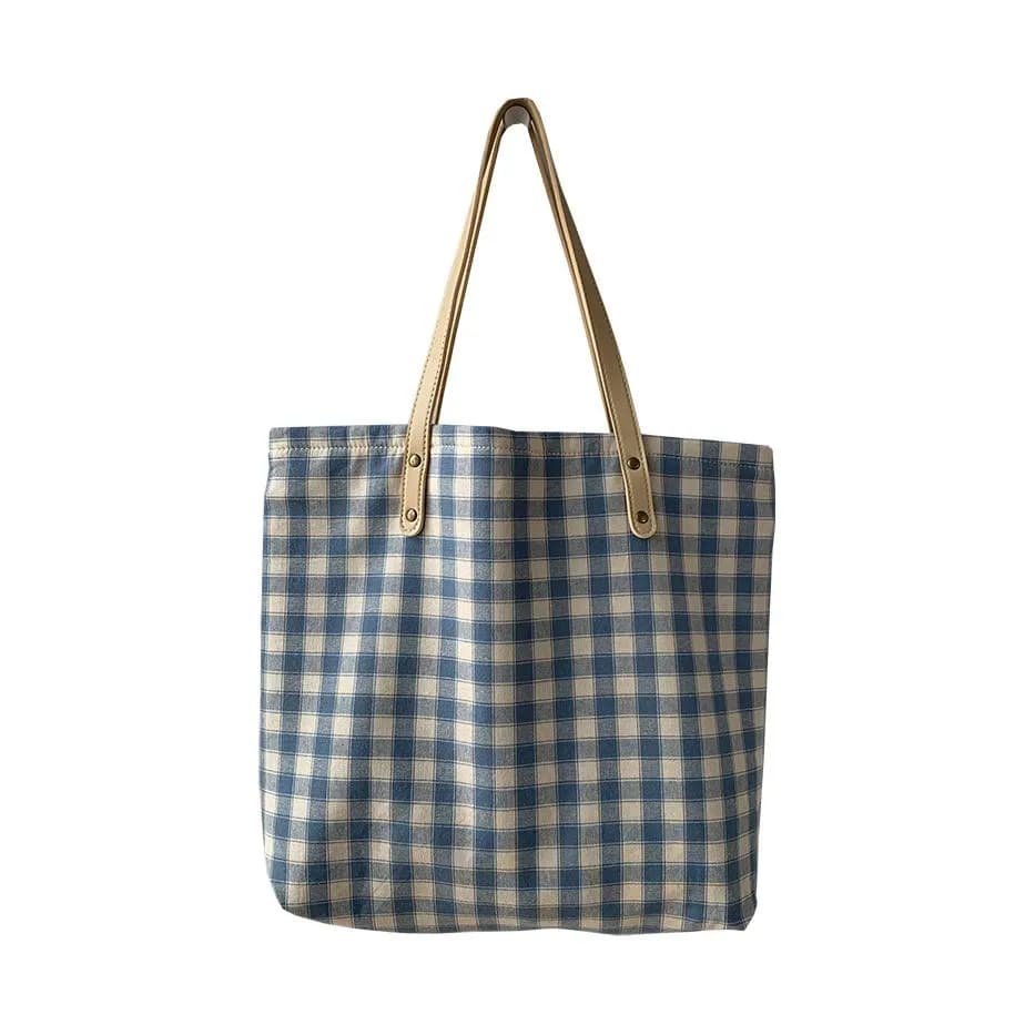 PINK·LAND Canvas Tote Bag, Shopping Bag, Canvas Bag, Shoulder Bag Light Blue Plaid Sub Bag/Dark Blue Plaid Bag